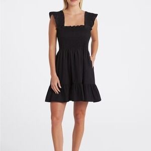 Few Moda Lanza Dress Women M Black Smocked Cotton Poplin Ruffle Mini Cottagecore